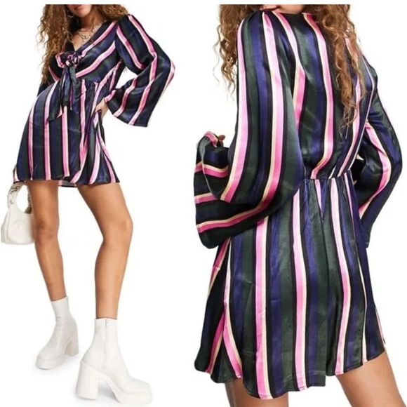 Top shop dress with tie front pink blue and cream stripes. Size 6. - Picture 5 of 7